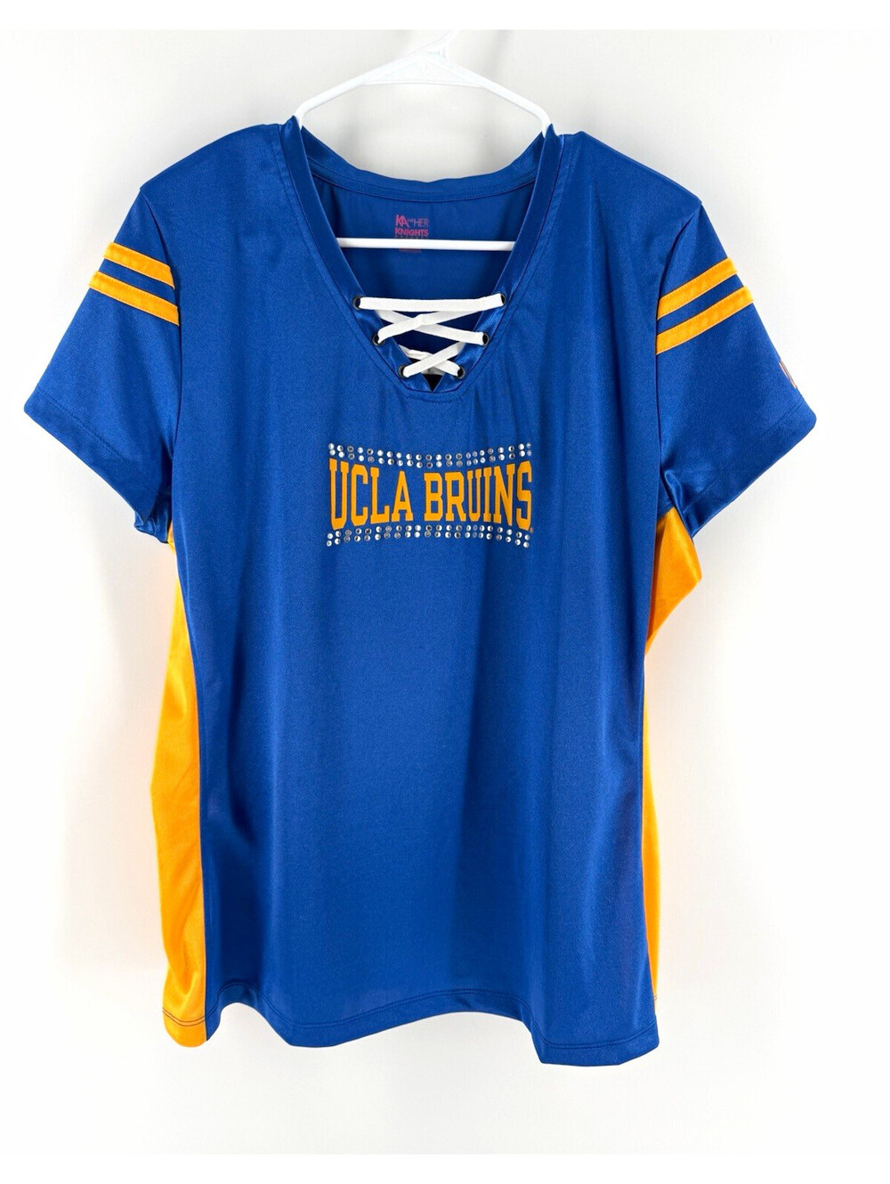 Knights Apparel UCLA Bruins Lace-Up Rhinestone V-Neck Short Sleeve Women’s XL